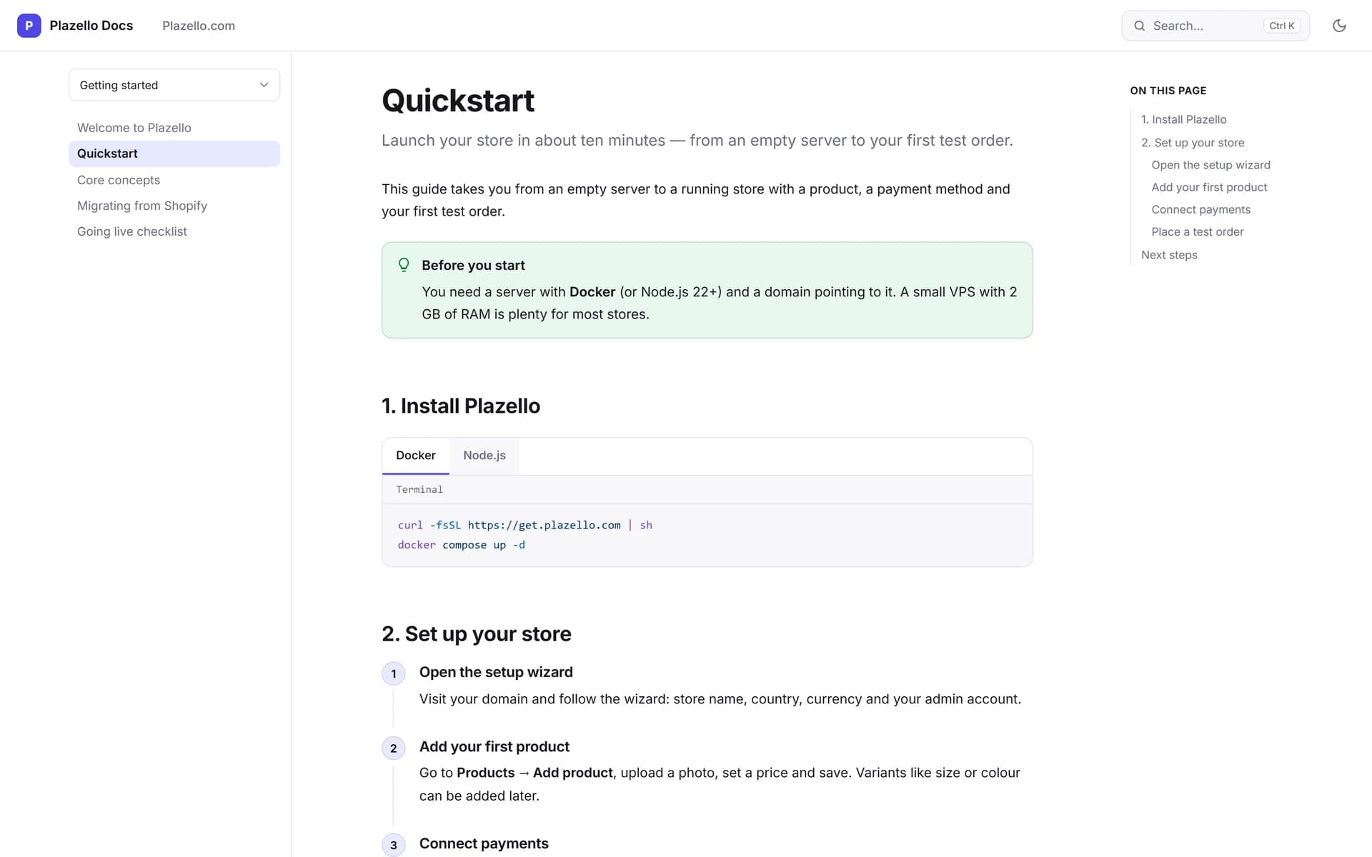 A quickstart guide on a documentation site run on Docsello