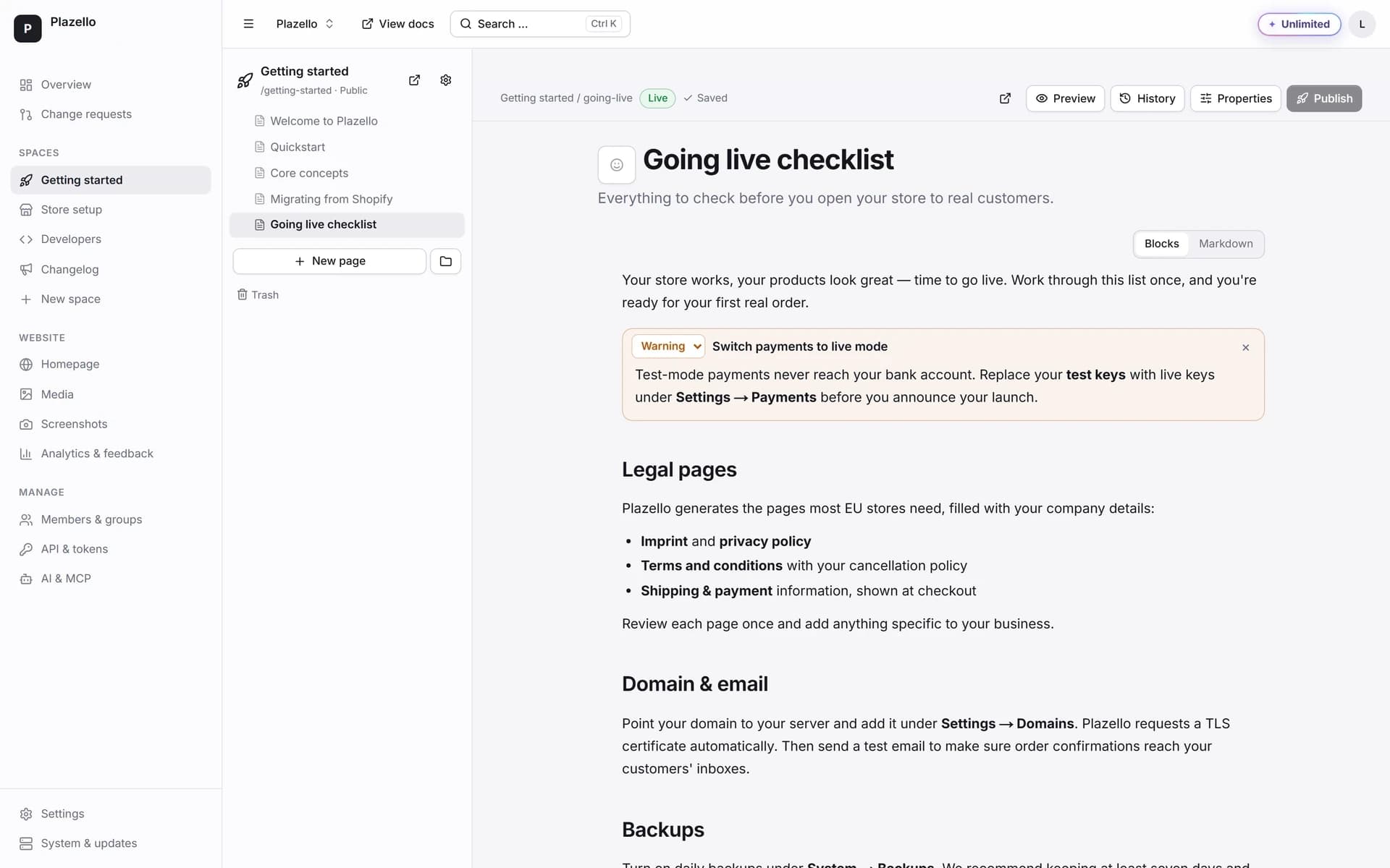 The Docsello editor with page tree, callout block and publish bar