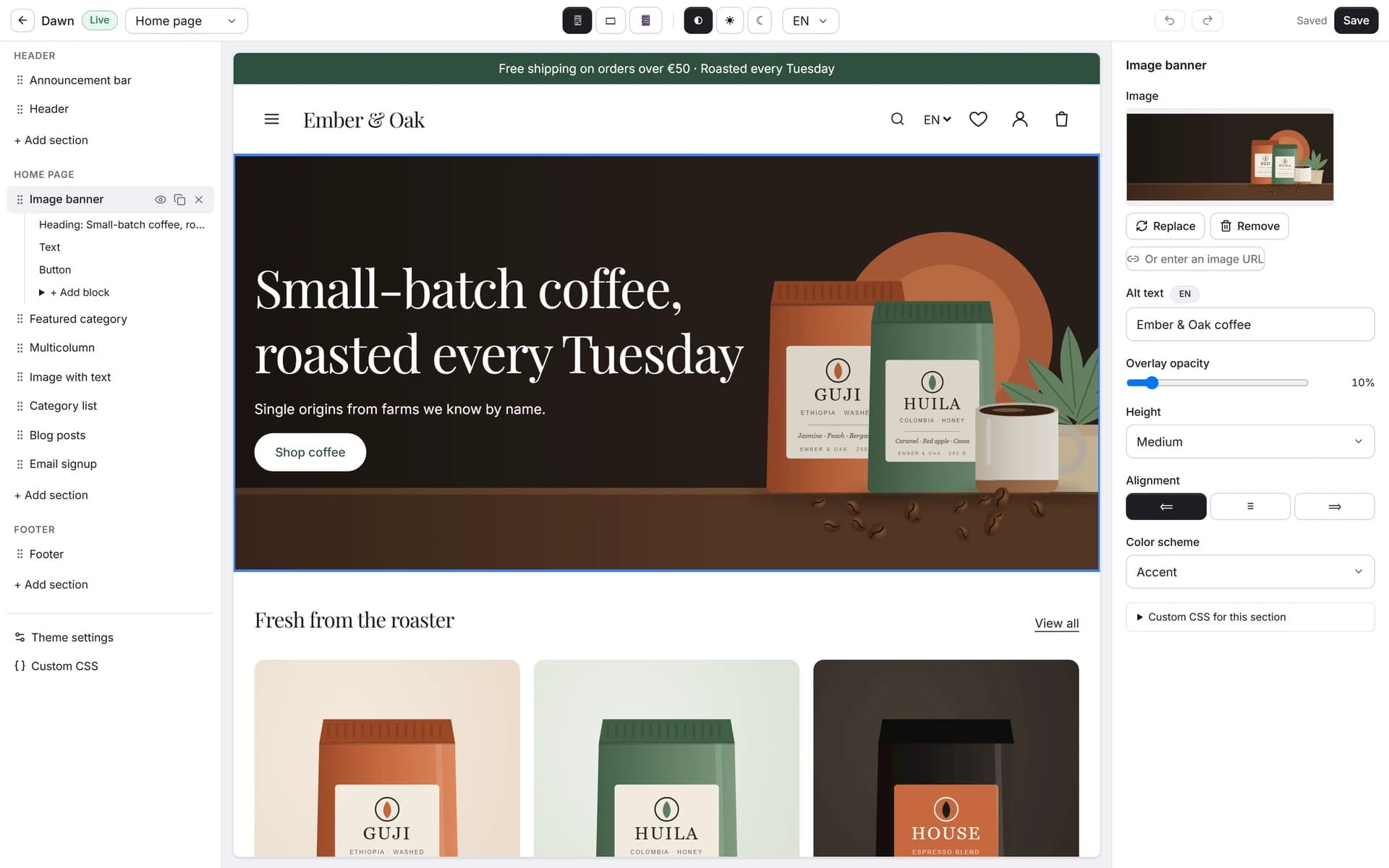 The Plazello theme editor with a live preview of a coffee shop